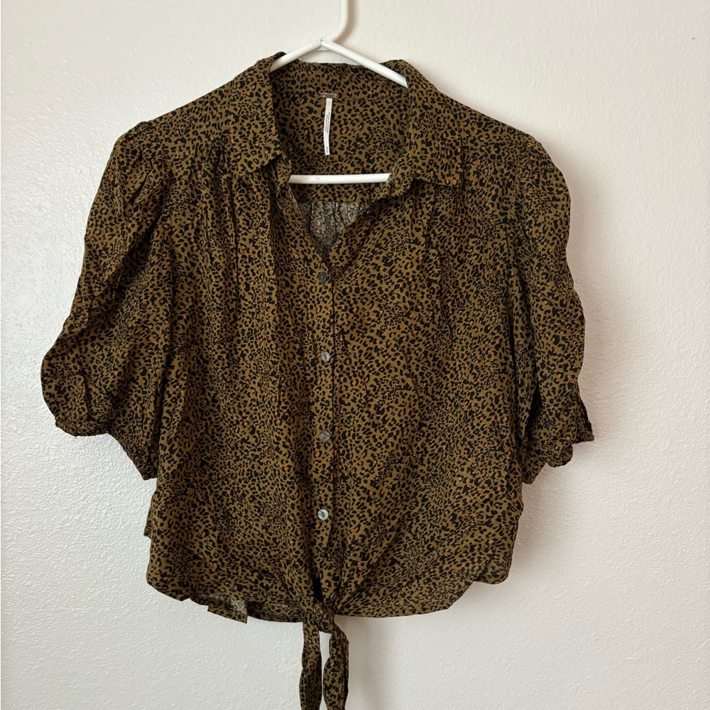 Free people Celia leopard print button down tie front
